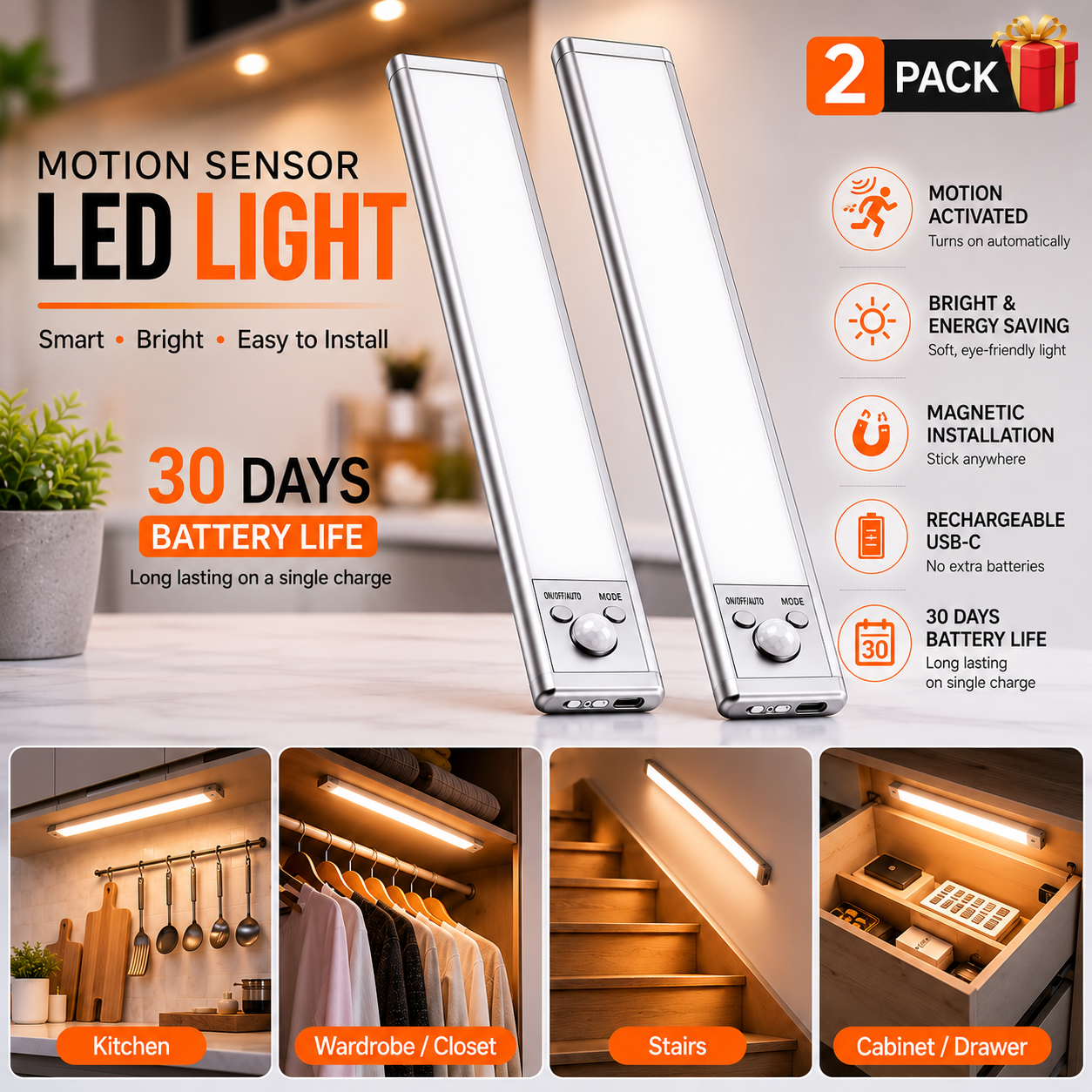 3-in-1 Smart Motion Sensor LED Light | 30-Day Battery