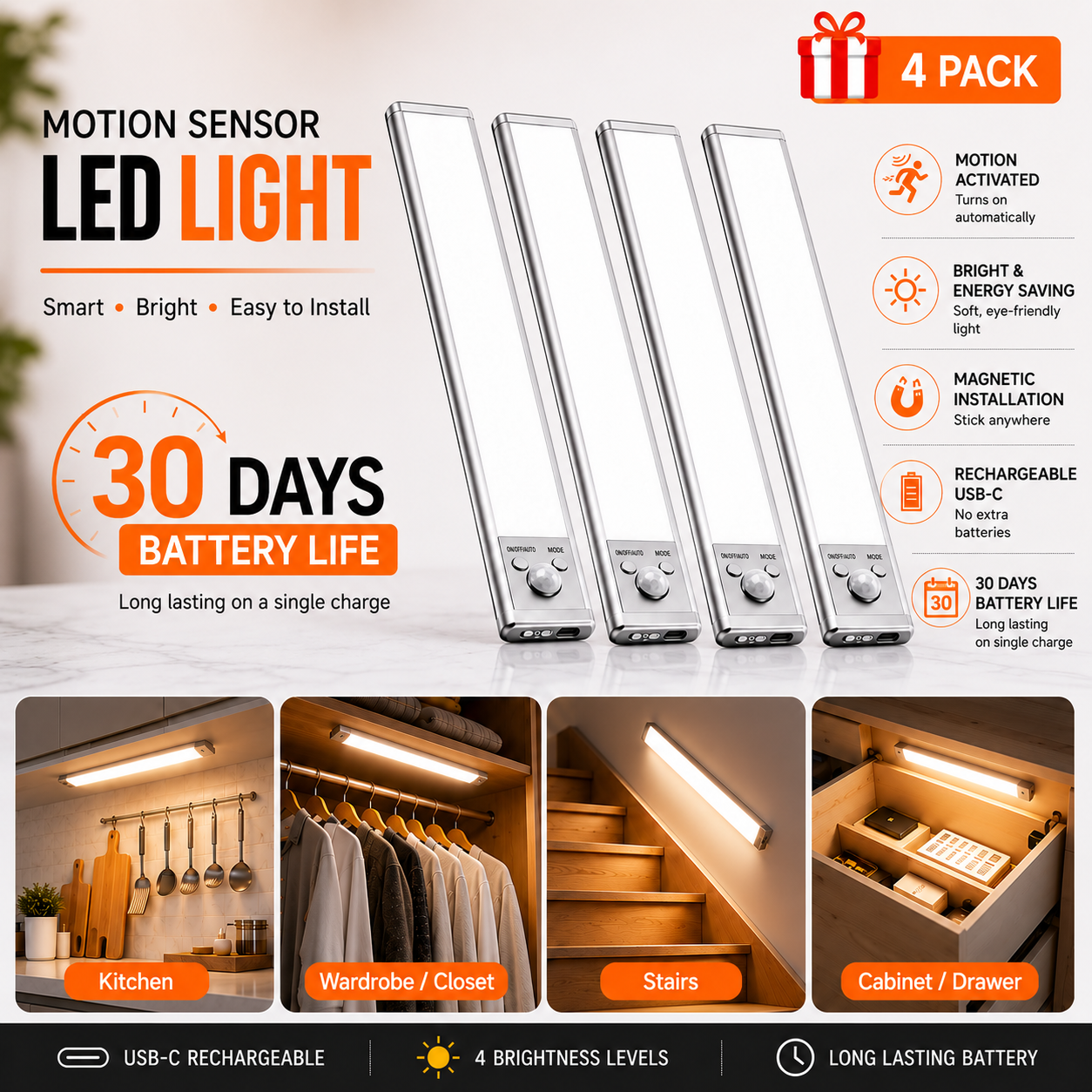 3-in-1 Smart Motion Sensor LED Light | 30-Day Battery