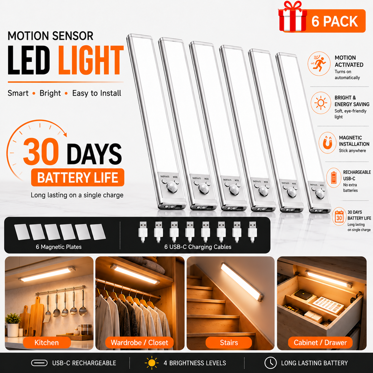 3-in-1 Smart Motion Sensor LED Light | 30-Day Battery